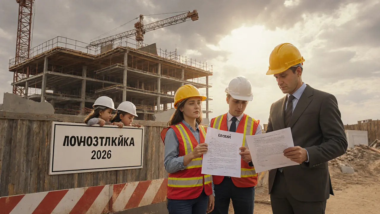 Семья смотрит на стройку с документом о переуступке, рядом — представители банка и застройщика.