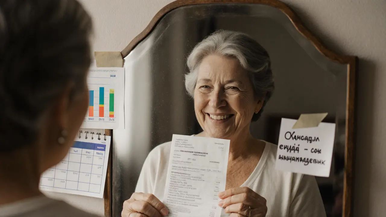 Женщина смотрит в зеркало с отменённой подпиской и улыбается.