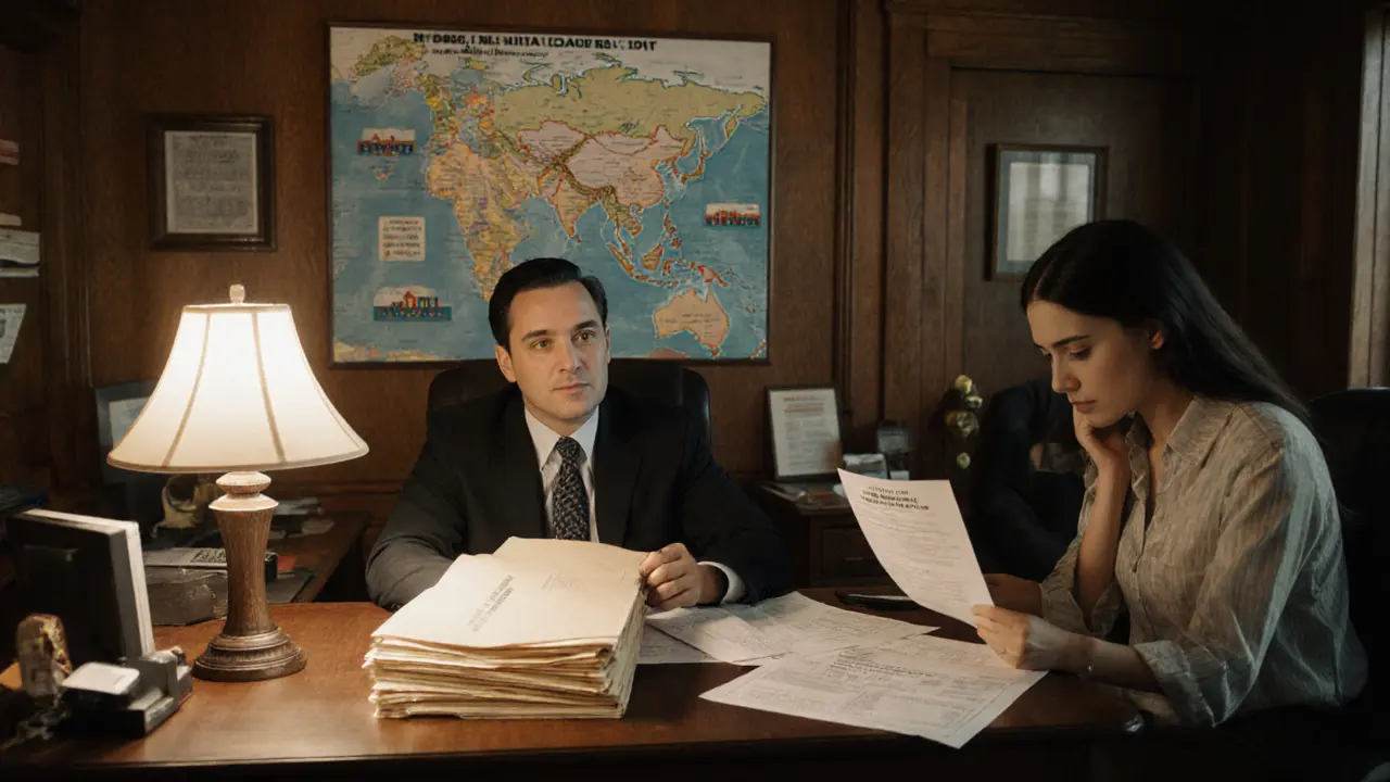 Банковский сотрудник проверяет документы мигрантов в уютном офисе с картой ДФО на стене.