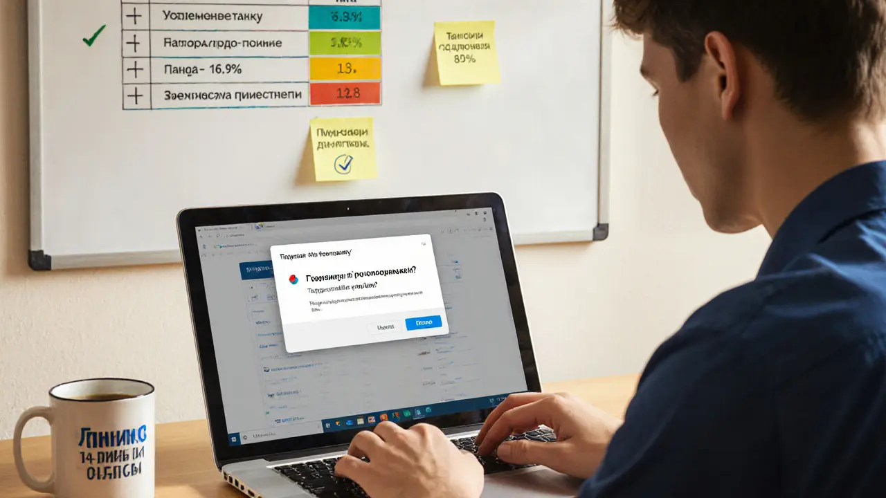 Молодой человек в офисе за компьютером, на стене — таблица ставок и напоминания о проверке вкладов.