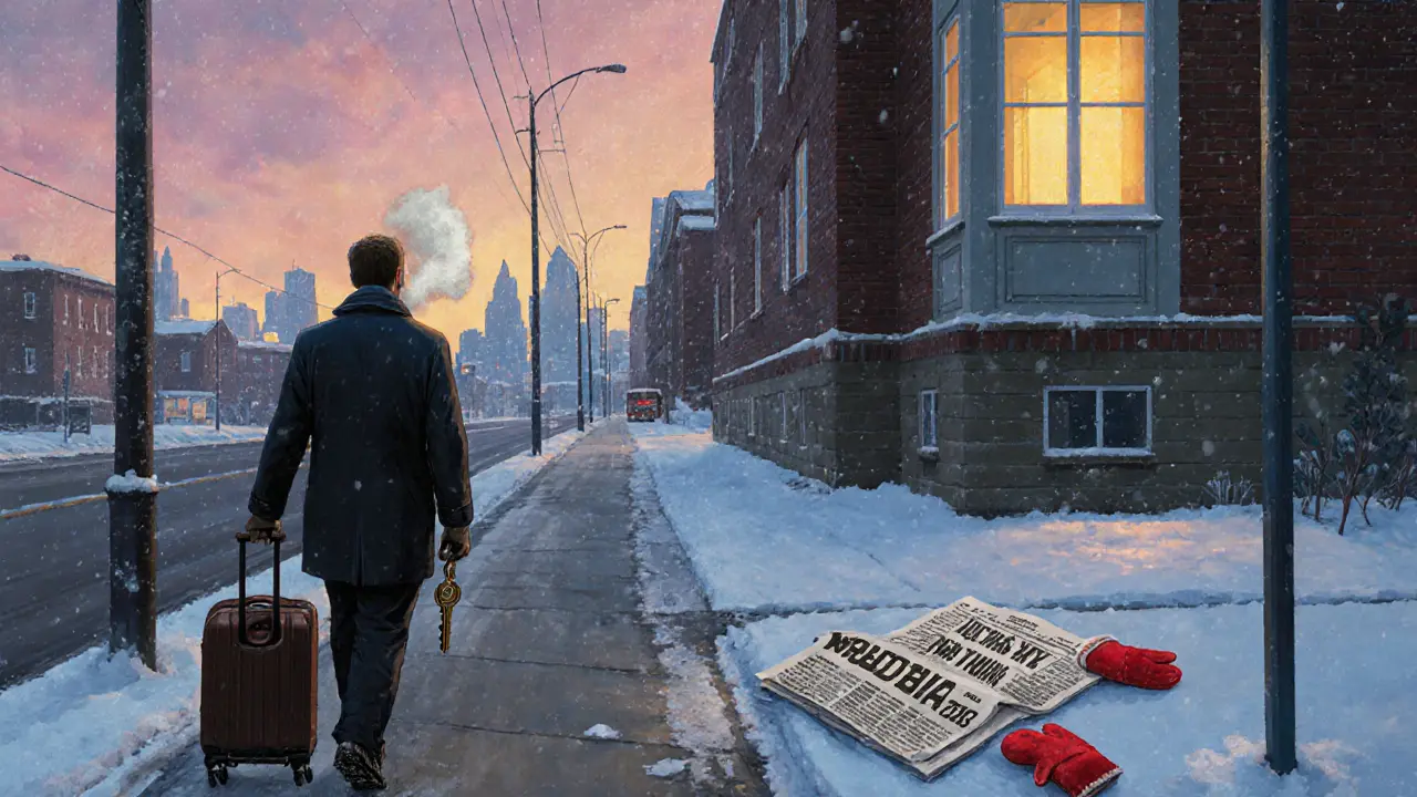 Мужчина идет по снежной улице в Сибири с ключом, за спиной — окно нового дома в сумерках.