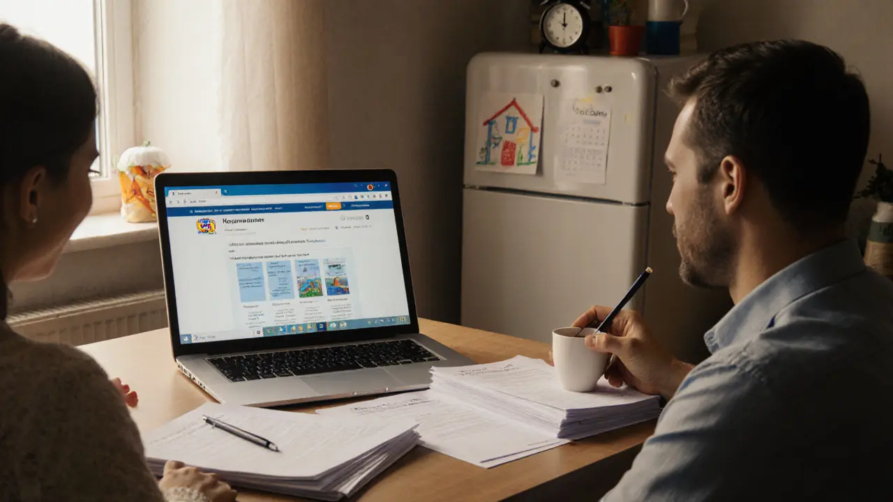 Мужчина подписывает документы дома с электронной подписью, жена с чашкой чая, солнечный кухонный интерьер.