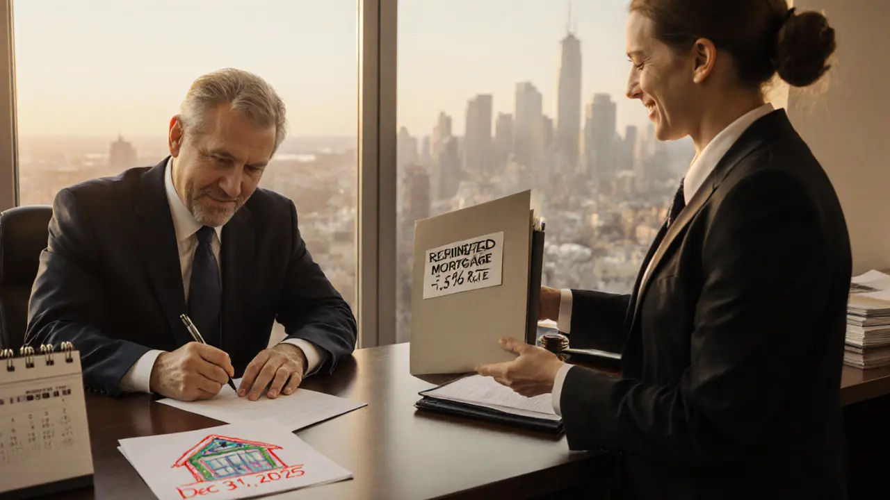 Мужчина подписывает документы в банке, офицер вручает ему папку с одобрением рефинансирования под 5,5%, на столе — детский рисунок дома.