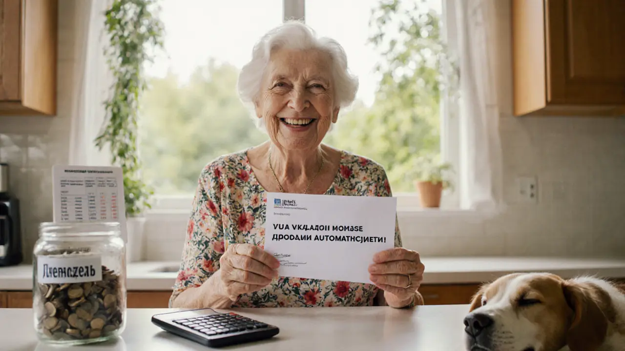 Пожилая женщина улыбается, получая письмо о продлении вклада, на кухне — копилка и калькулятор.