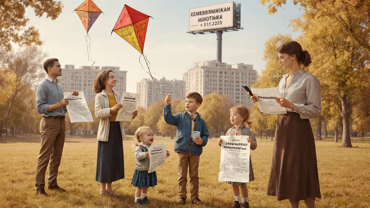 Семьи в парке празднуют одобрение рефинансирования, дети летают с воздушными змеями в виде домов, на заднем плане — плакат с датой окончания льготы.