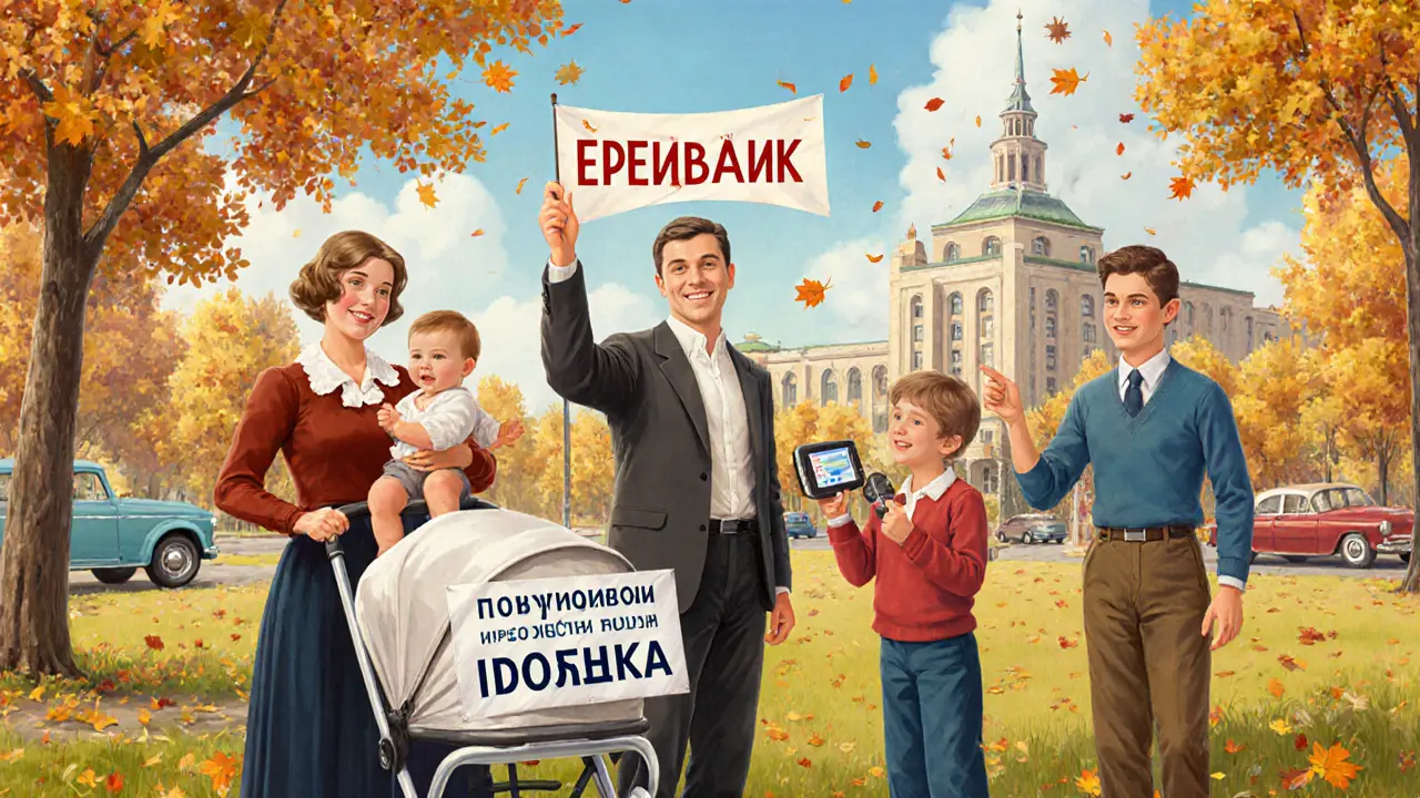 Семьи в парке с символами ипотечной безопасности: детская коляска, электронная подпись, здание банка, осенний день.