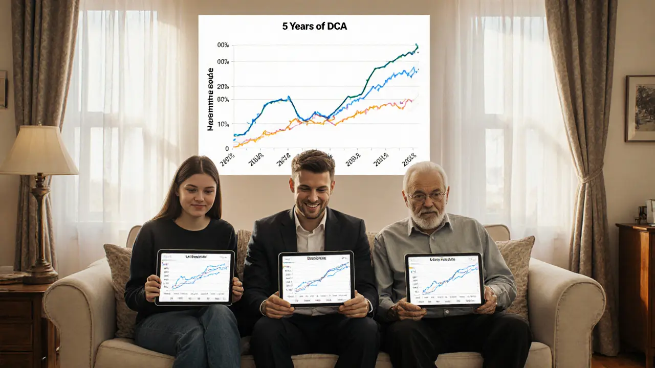 Трое людей в гостиной смотрят на планшеты с графиками роста инвестиций, на стене — диаграмма роста за пять лет.