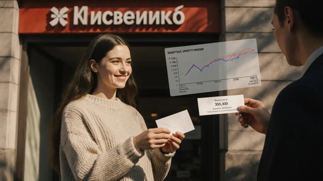 Женщина получает налоговый возврат в банке, за ней прозрачный график роста инвестиционного портфеля.