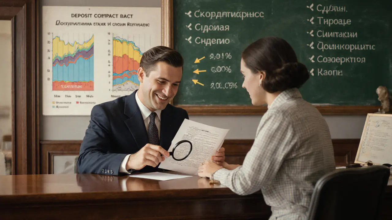 Банковский служащий объясняет клиенту условия вклада с помощью лупы и графиков.