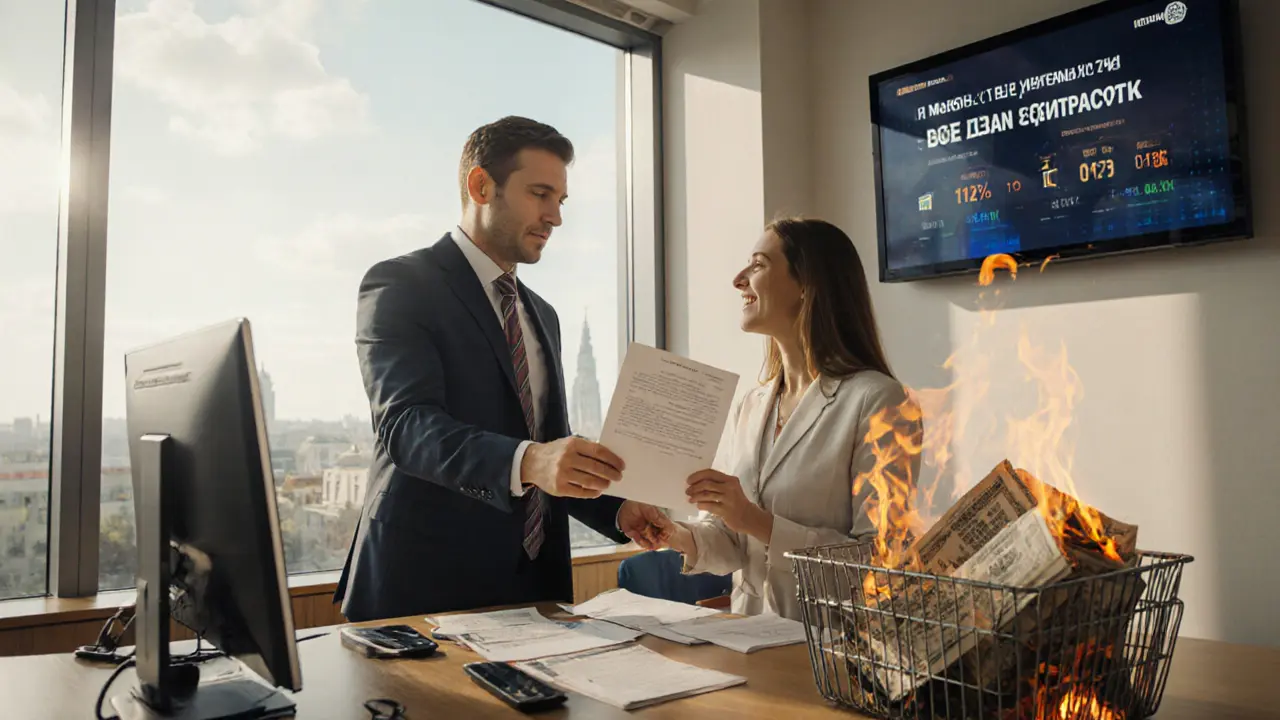 Банковский сотрудник передает клиенту один договор, старые кредиты сгорают в корзине.