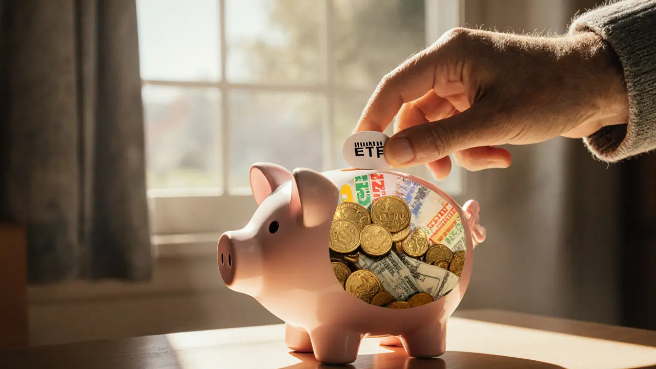 Дедушка клеит стикер &#039;10 лет роста&#039; на копилку с деньгами, показывая сбалансированный подход к инвестициям.