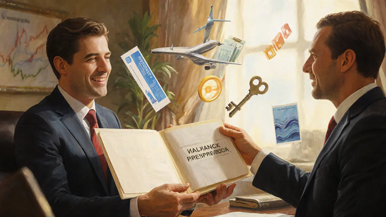 Финансовый консультант вручает клиенту папку с бонусами: билеты, отели и акции.