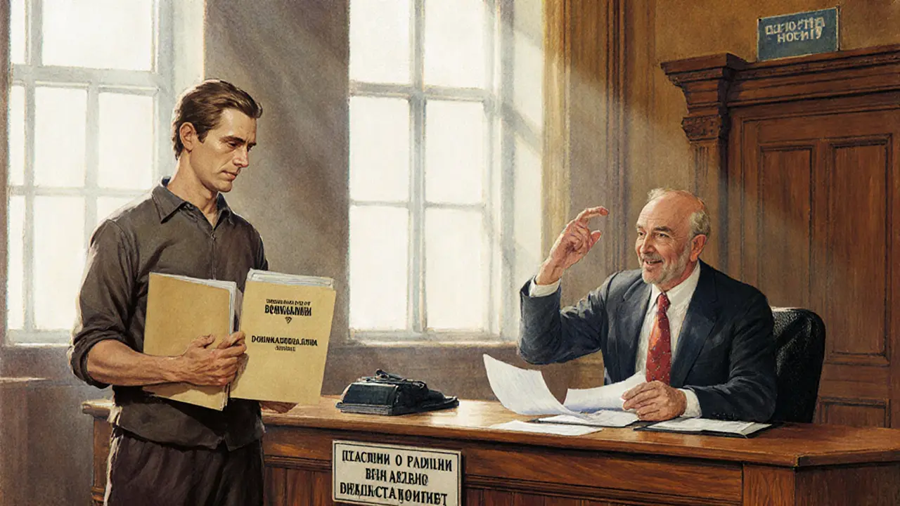 Клиент в суде представляет доказательства против банка, судья внимательно смотрит на документы.