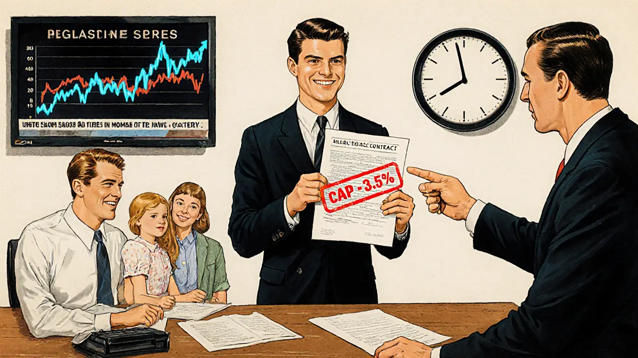 Молодой человек в банке смотрит на контракт с красной пометкой о лимите ставки, за окном — новости о росте инфляции.