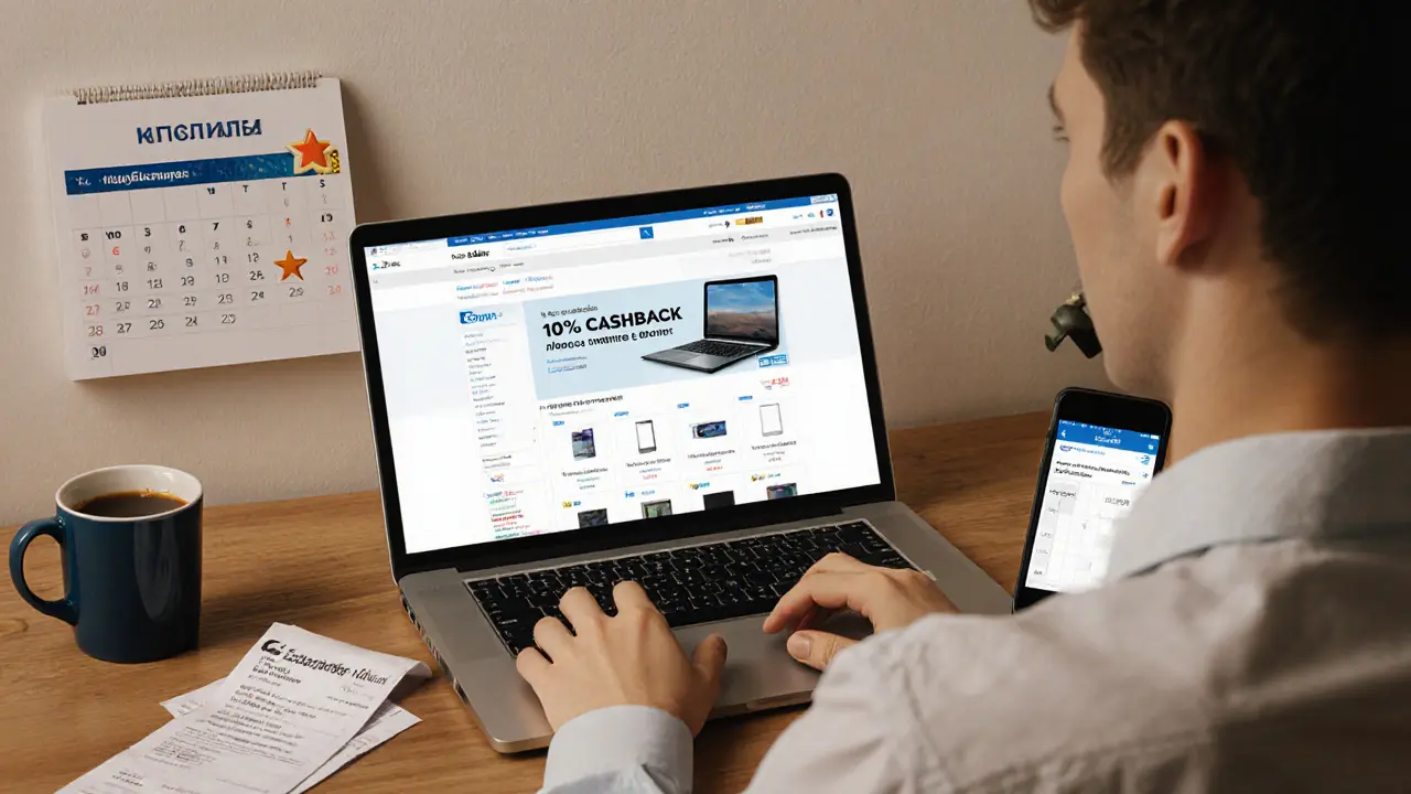 Молодой человек в квартире с ноутбуком, телефоном и чеками, демонстрирующий активированный кэшбэк на онлайн-покупки.