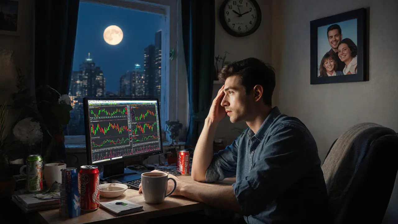 Молодой человек в стрессе смотрит на мигающие графики в полночь, окруженный кофейными стаканчиками.