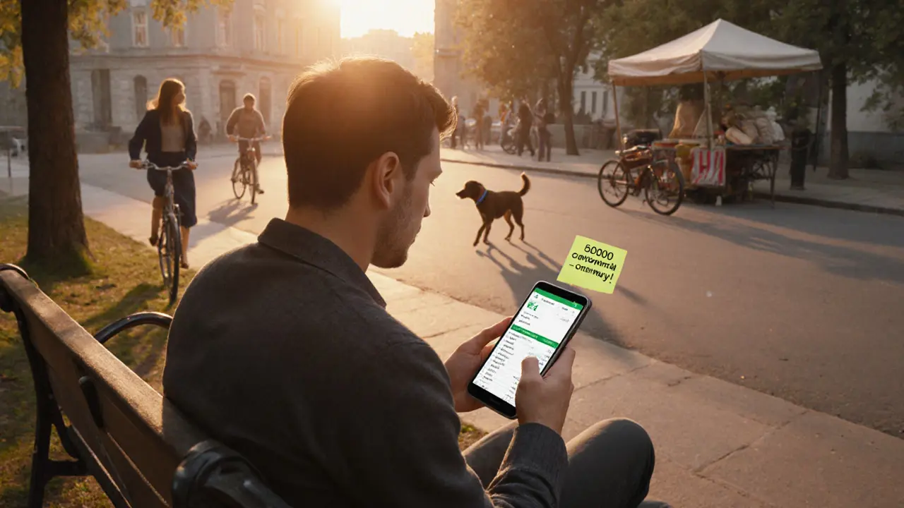 Мужчина на скамейке смотрит на бюджет в телефоне, на закате, спокойно и удовлетворённо.