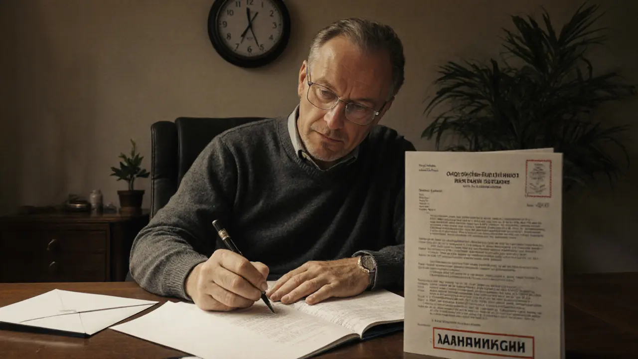 Мужчина пишет официальное заявление в банк, рядом лежат выписки и нормативные документы.