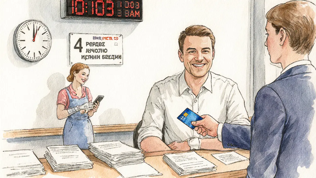 Мужчина получает карту в банке, на стене — табло с временем охлаждения, атмосфера доверия и спокойствия.