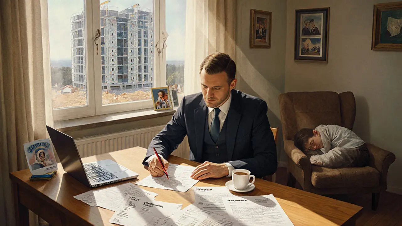 Мужчина проверяет документы застройщика за кухонным столом, вокруг — судебные дела и выписки.