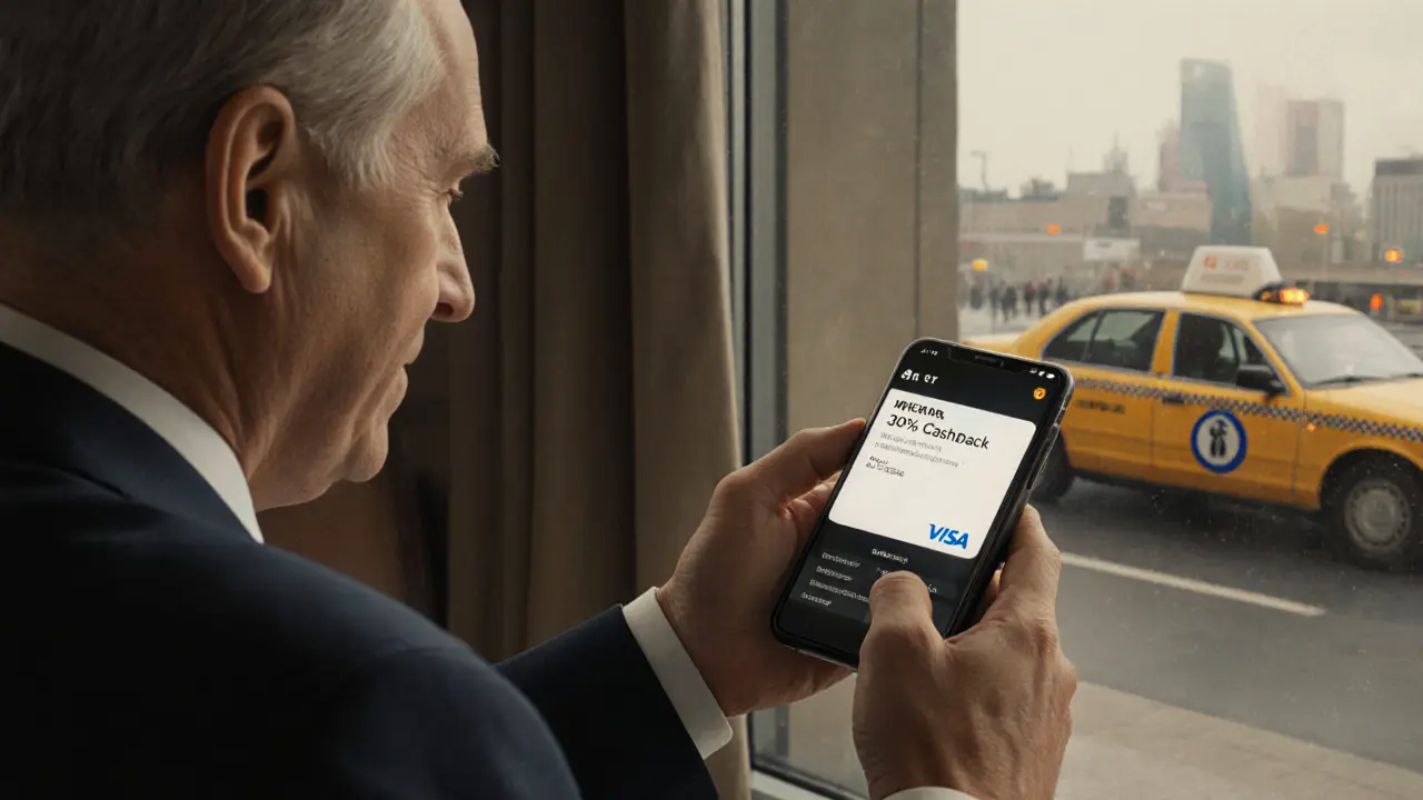 Мужчина в аэропорту видит 30% кэшбэк на карте, а за окном — такси банка.