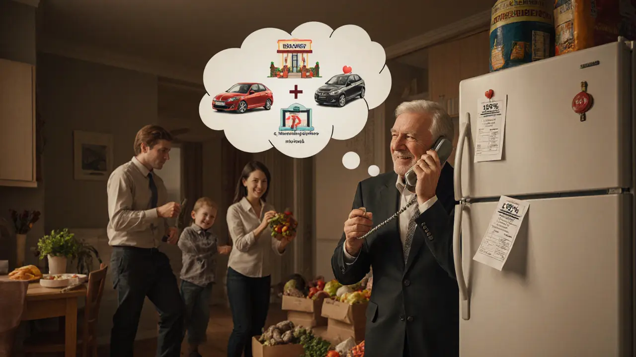 Мужчина звонит консьержу, а вокруг него всплывают иконки услуг: ресторан, врач, машина.