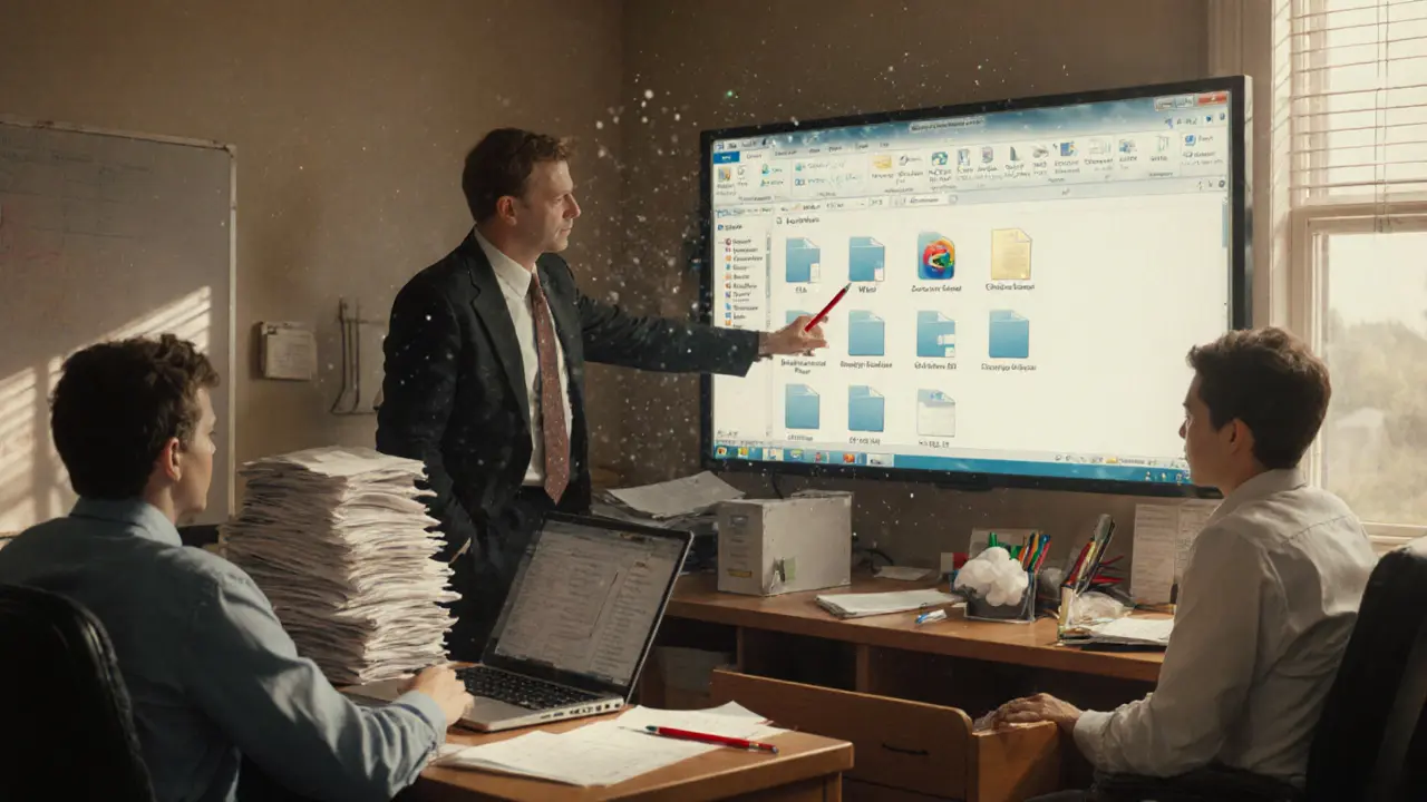 Офис с сотрудниками, работающими за ноутбуками, вместо печатных отчетов — облачные папки.