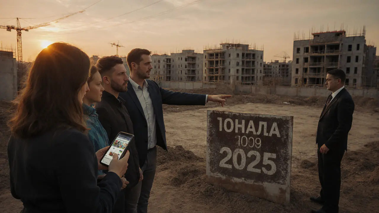 Покупатели на пустой стройплощадке, на телефоне — устаревшие фото, вокруг — заброшенная площадка.