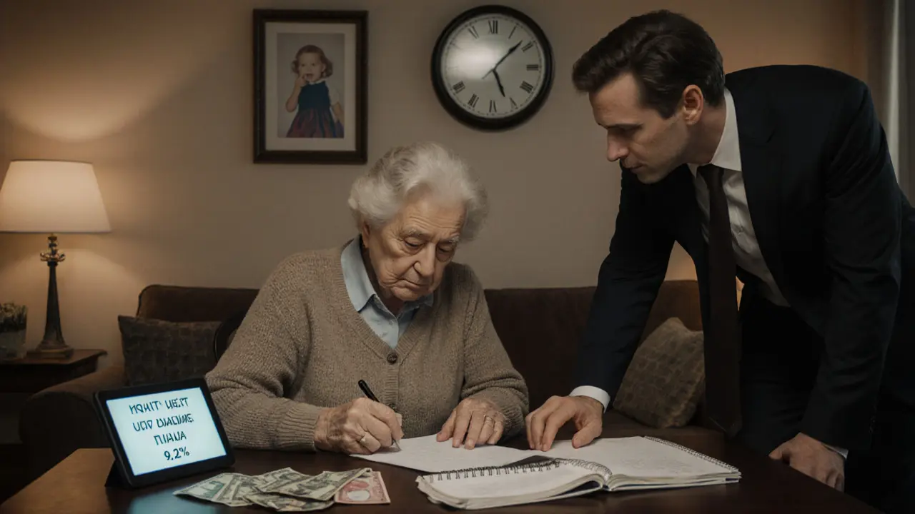 Пожилая женщина с банкиром за столом, на котором документы и расчёт процентов по вкладу, уютная атмосфера.