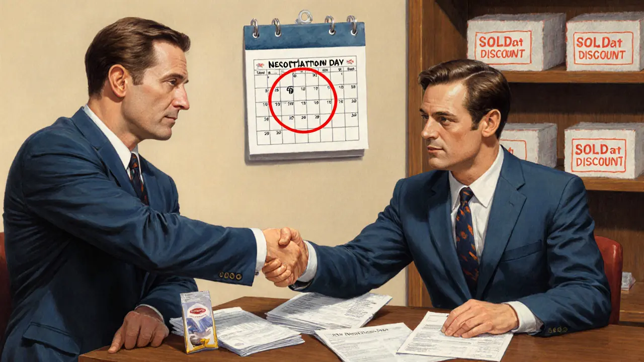 Предприниматель договаривается с поставщиком, на фоне — распродажа застрявших товаров.