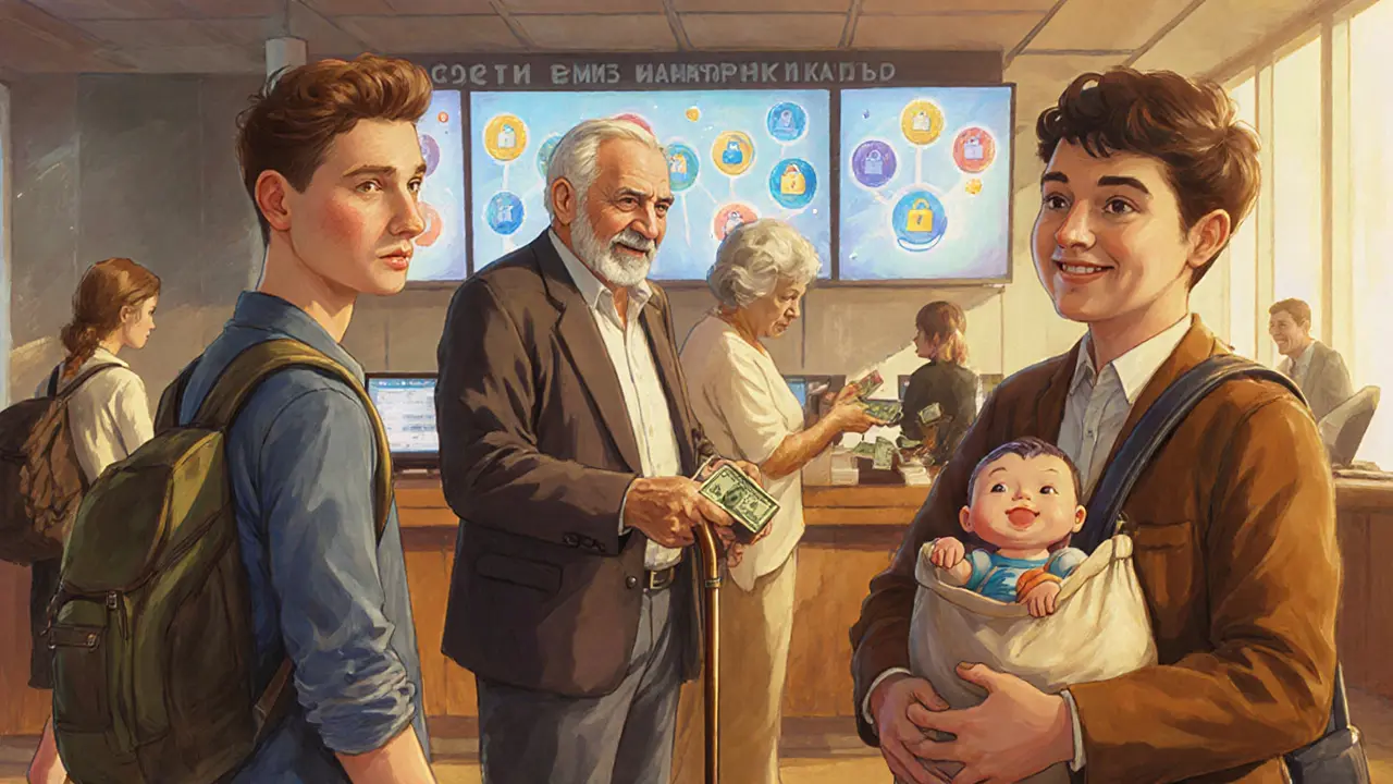 Разные люди в банке получают деньги, на экранах — заблокированные вклады с начислением процентов, тёплый свет.