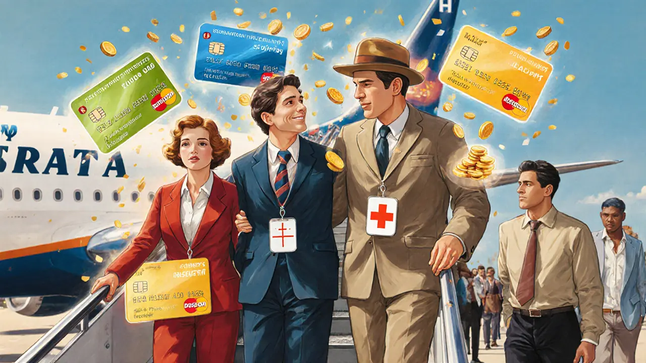 Семья с премиальными картами уходит на рейс, вокруг них — волшебные иконки выгод.