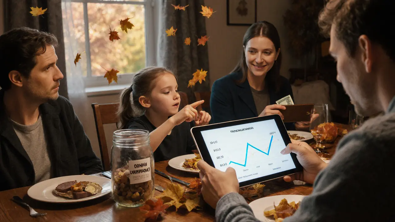 Семья смотрит на экран с графиком вклада за ужином, рядом — банка с процентами и кошелек.