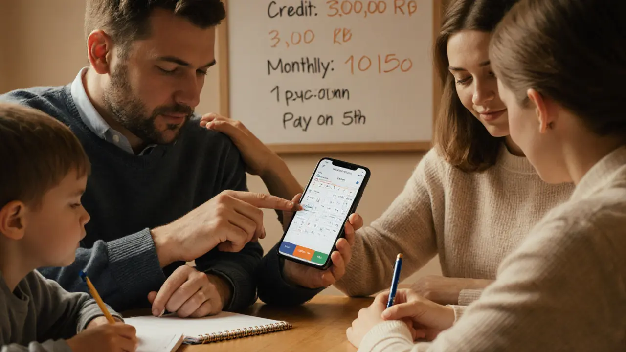 Семья у кухонного стола обсуждает график платежей по кредиту, мягкий свет и теплая атмосфера домашнего уюта.