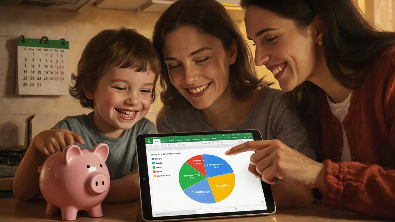 Семья вместе смотрит на график расходов в Google Таблицах на кухонном столе, все улыбаются.