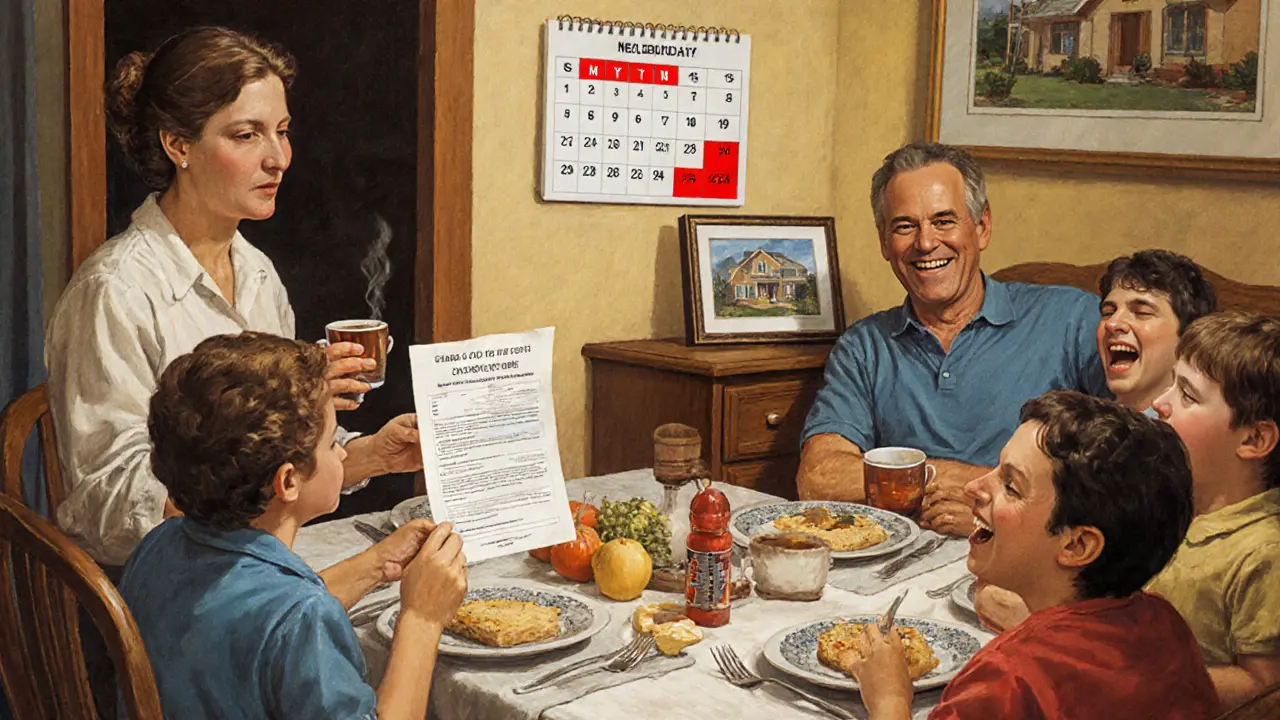 Семья за ужином, на стене календарь с одной датой платежа, все спокойны и счастливы.
