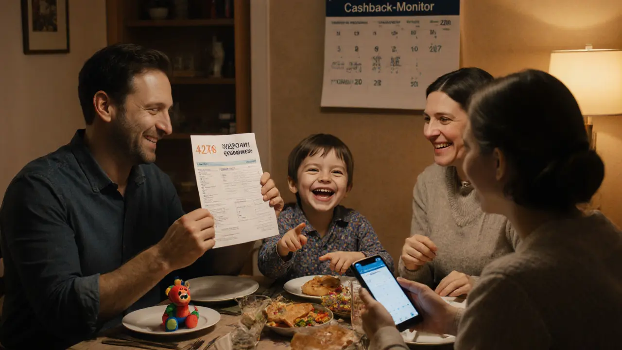 Семья за ужином с банковским отчетом о кэшбэке, ребенок указывает на игрушку, купленную сэкономленными деньгами.