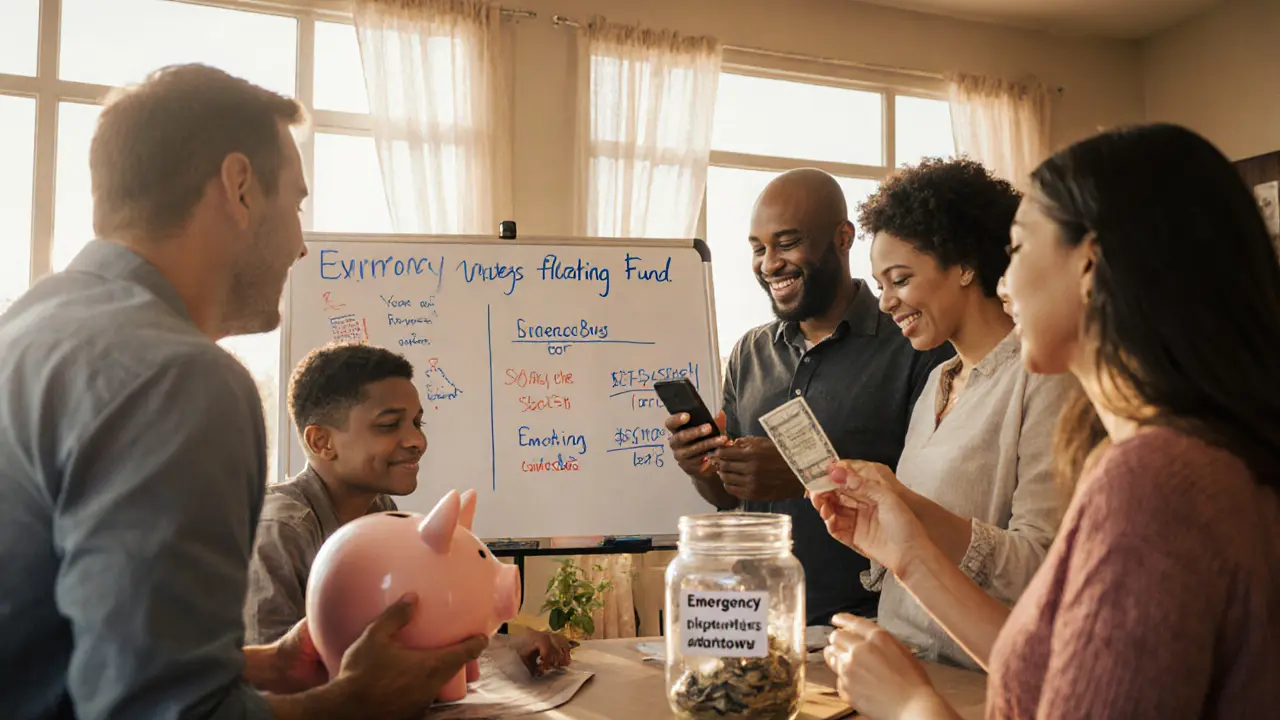 Семьи в центре сообщества слушают финансового консультанта, один из них кладет сбережения в банку с надписью &#039;Резерв&#039;.