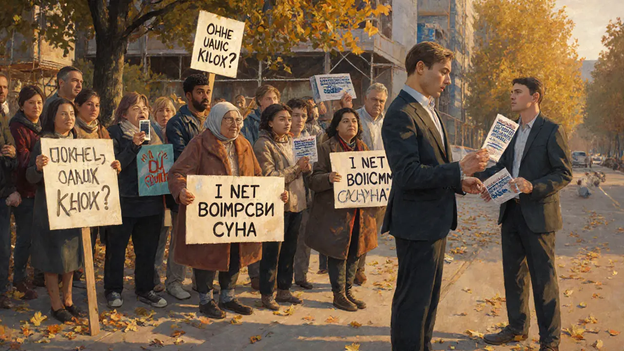 Соседи собрались у стройки с плакатами, а представитель банка раздаёт информацию.