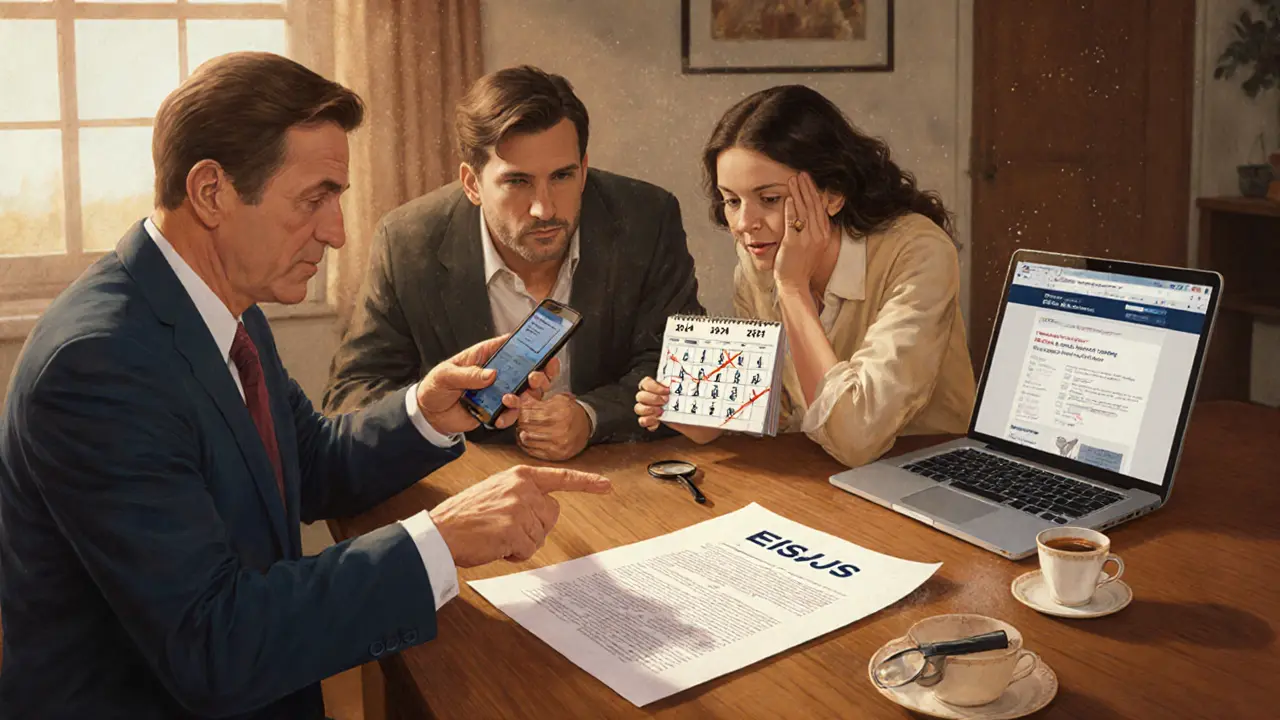 Юрист объясняет семье условия ДДУ за столом с документами и экраном ЕИСЖС.