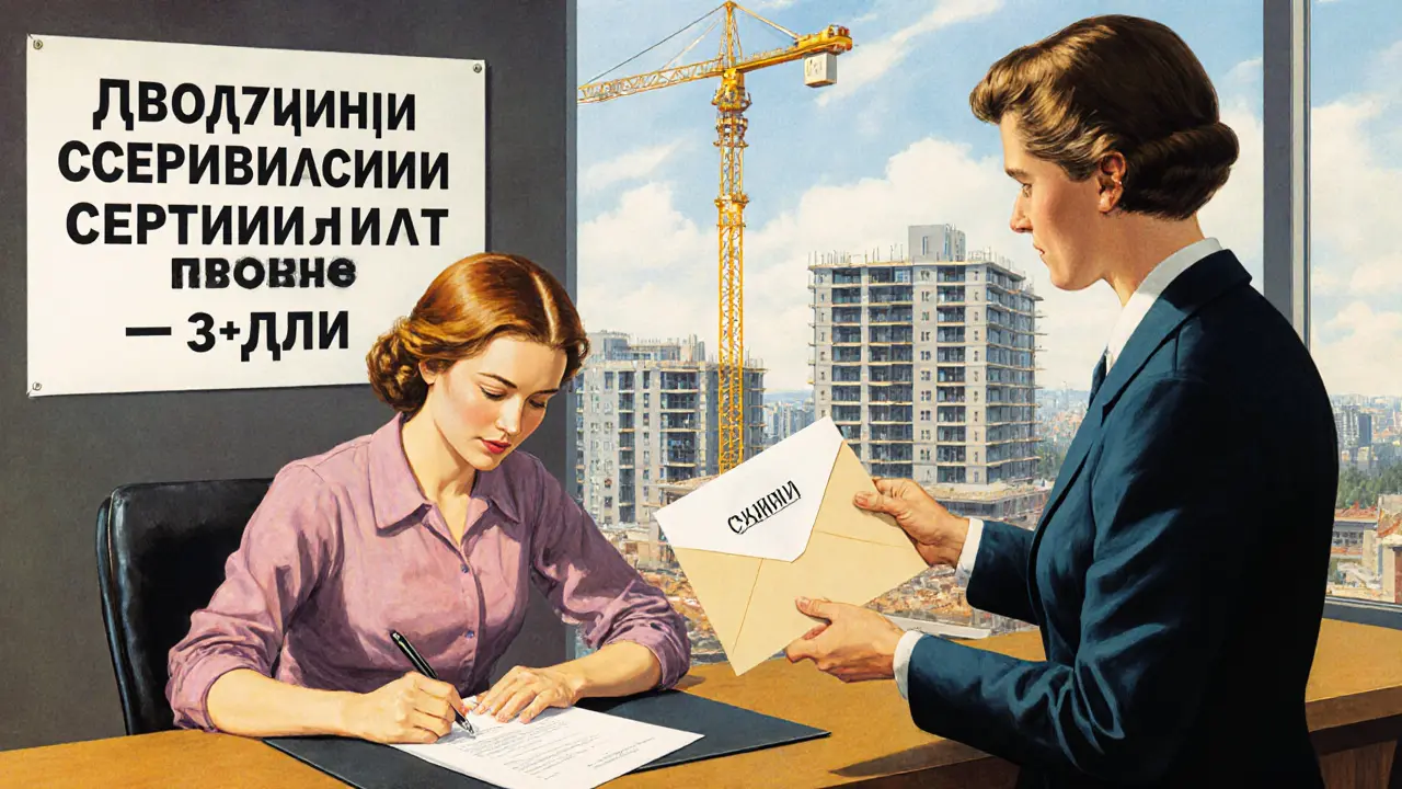 Женщина подписывает договор безотзывного сертификата в банке, за окном — стройка жилья.