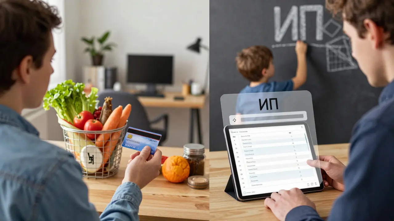 Человек разделяет личные и бизнес-расходы: одна рука платит за продукты, другая кладет деньги на отдельный счет, на планшете — приложение с категориями.