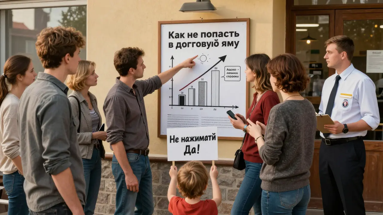 Группа людей изучает плакат о финансовой безопасности в общественном центре, один из них указывает на диаграмму долга.