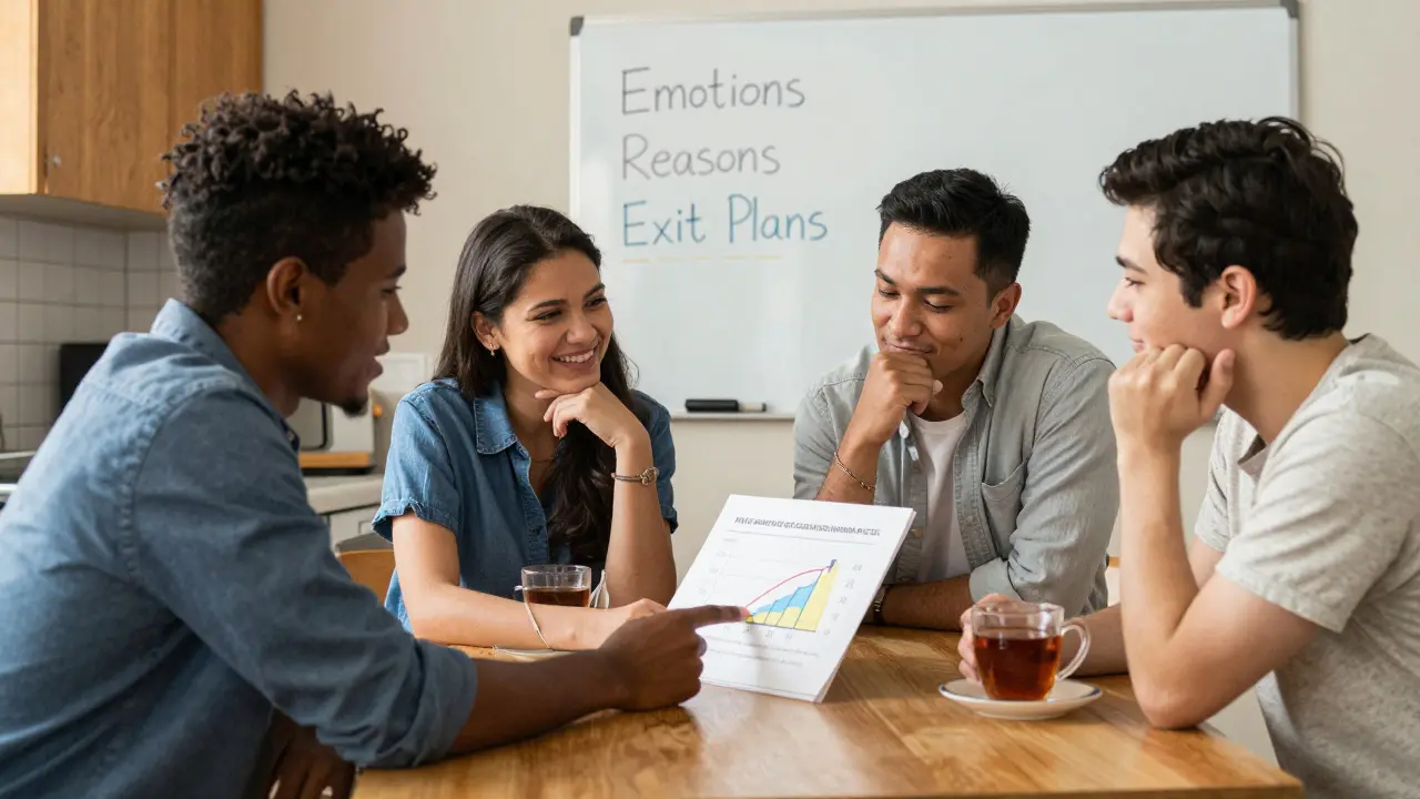 Группа людей вместе анализирует инвестиционный дневник за кухонным столом в воскресенье утром.