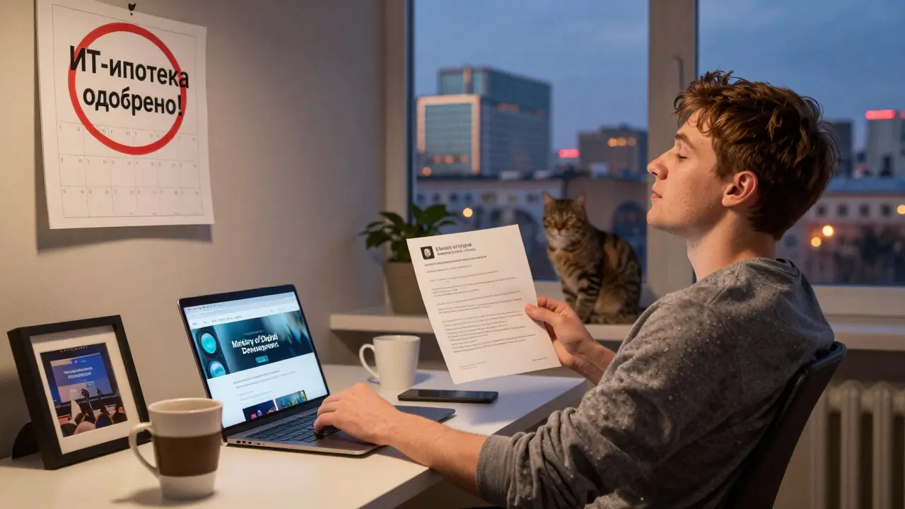 ИТ-специалист смотрит на экран с одобрением ипотеки, на фоне окна — городской пейзаж.