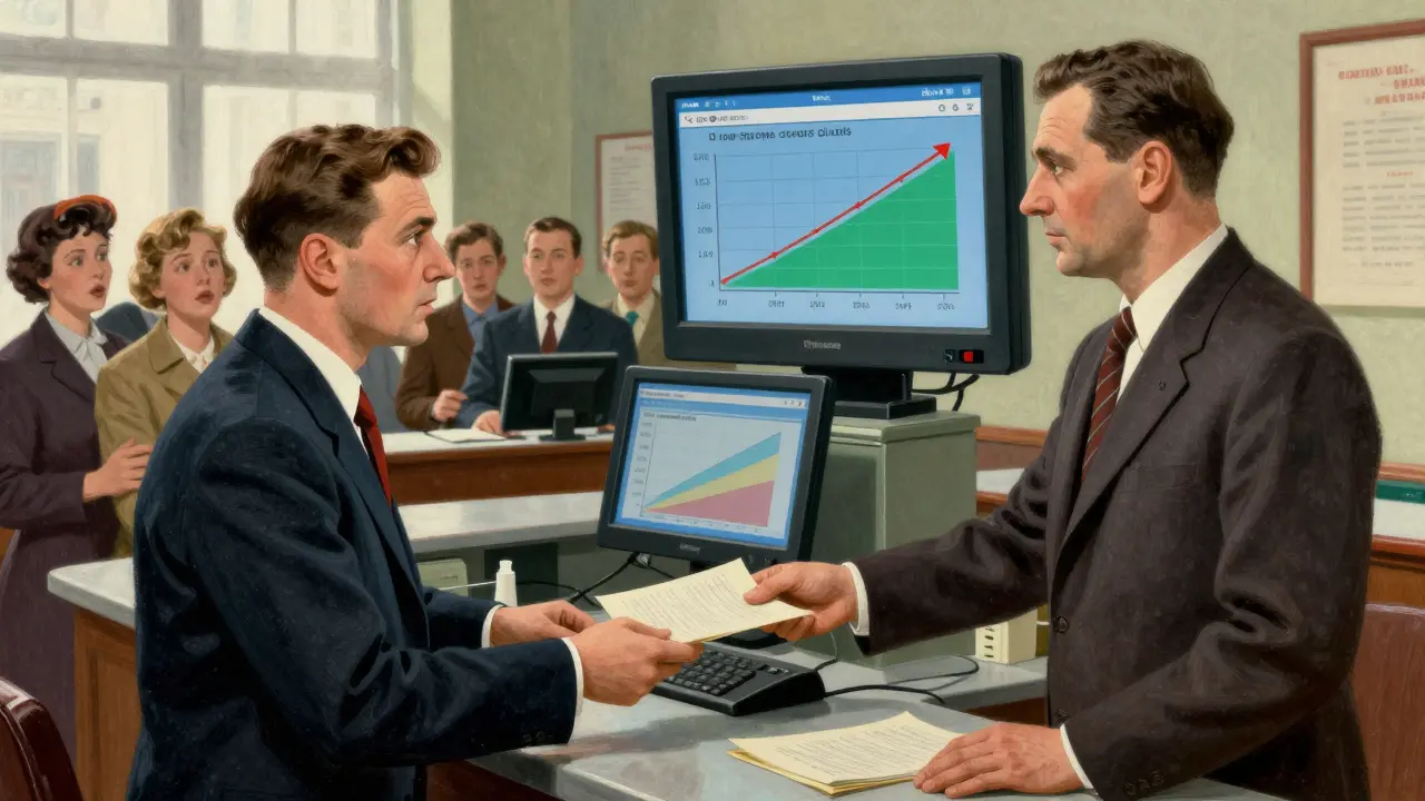 Клиент передаёт документы банку, на экране за ним — графики снижения лимитов для обычных клиентов.