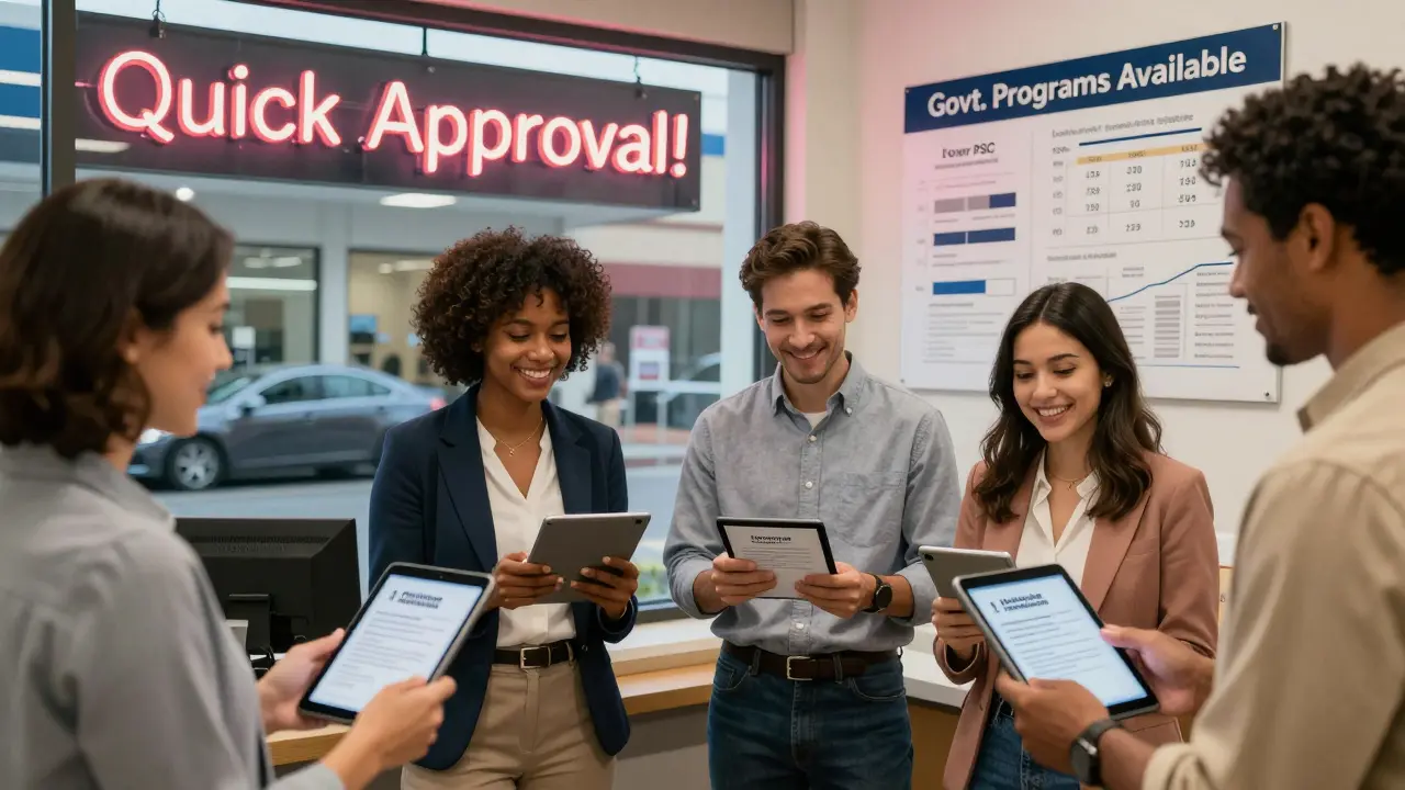 Люди получают одобрение в банке, за окном — яркий автосалон, но внутри — прозрачные условия.