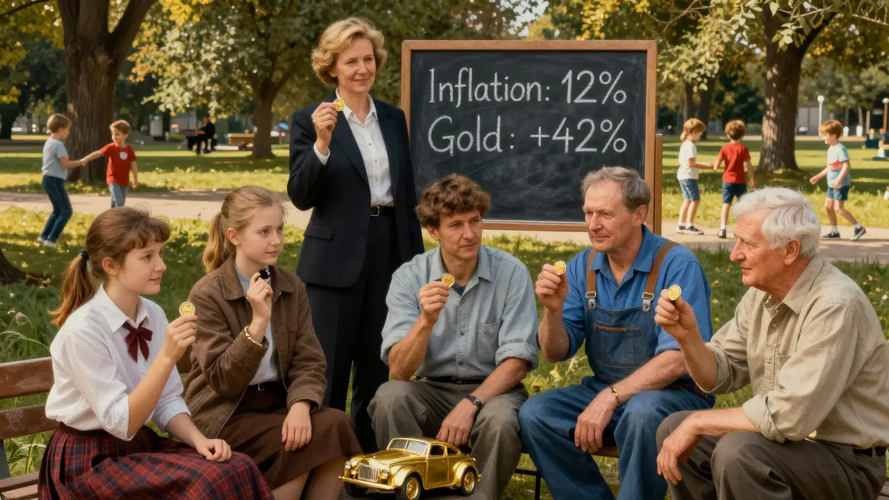 Люди в парке держат золотые монеты, за ними — диаграмма роста золота против инфляции.