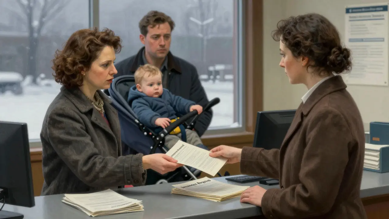 Мать подает документы в банке, отец с младенцем в коляске, напряженная атмосфера, зимний день.
