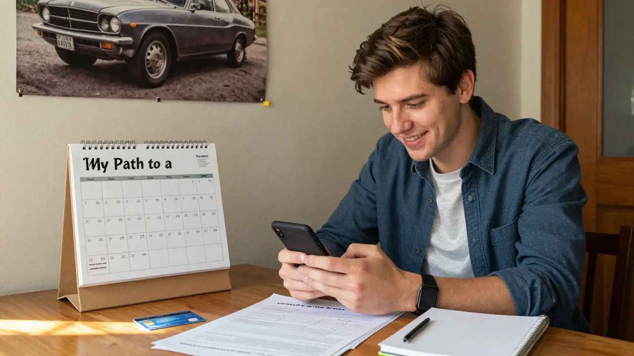 Молодой человек платит микрозайм, рядом — план покупки машины и чистая кредитная история.